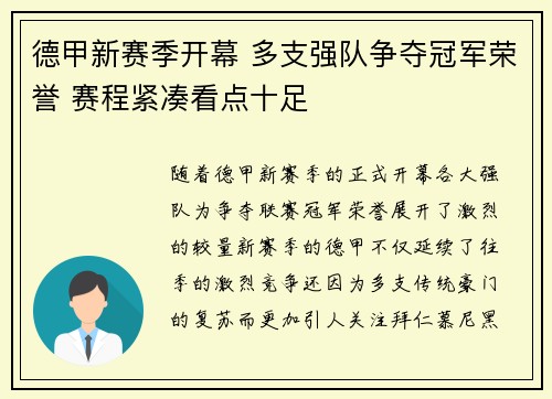 德甲新赛季开幕 多支强队争夺冠军荣誉 赛程紧凑看点十足