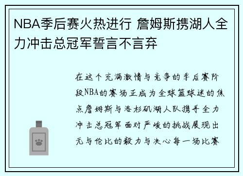 NBA季后赛火热进行 詹姆斯携湖人全力冲击总冠军誓言不言弃