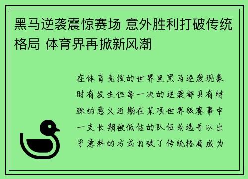 黑马逆袭震惊赛场 意外胜利打破传统格局 体育界再掀新风潮