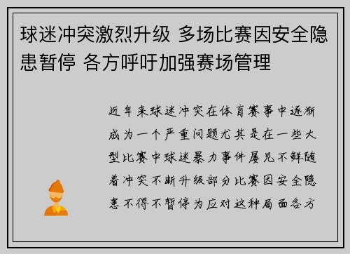 球迷冲突激烈升级 多场比赛因安全隐患暂停 各方呼吁加强赛场管理
